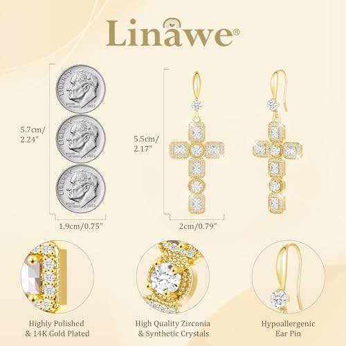Linawe Cross Dangle Earrings for Women, Hypoallergenic Imitation Diamond Rhinestone Earrings, 14K Gold/Silver/Rose Gold Cubic Zirconia Cross Dangling Drop Earrings4