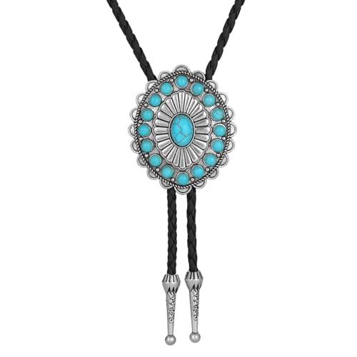 Image of AZORA Western Cowboy Bolo Tie Men Leather Necktie Leather Cord Turquoise Stone Bolo Ties for Men Women