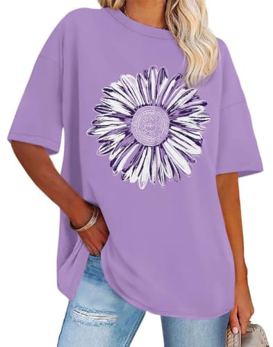 Image of Oversized T Shirts For Women Loose Printed Tshirts(Purple Sunflower,L)