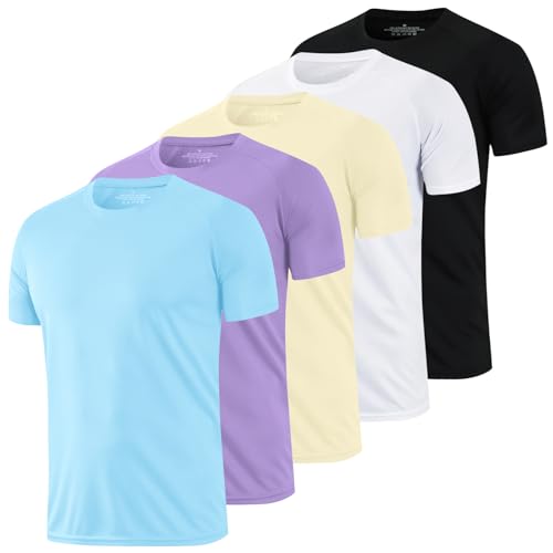 HovSiyla 5 Pack Running Shirts Men Sport Tops Dry Fit Gym Wicking Athletic T Shirts Breathable Cool Workout Shirts Black White Purple Almond Haze-Blue X-Large
