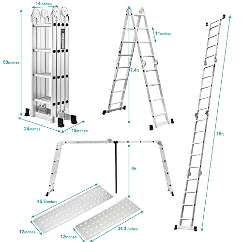 Hbtower Folding Ladder, 15.5Ft Aluminum Extension Ladder With Tool Tray, 2 Platform Plates, 7 In 1 Heavy Duty Collapsible Ladder, Tall Ladder For Home Or Outdoor, 330 Lbs Capacity #TOP5
