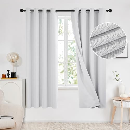 Deconovo 100% Blackout Faux Linen Curtains, Double-Sided, Thermal Insulated, Noise-Reducing, Eyelet Curtains for Bedroom & Living Room - 2 Panels (Greyish White 46x72)