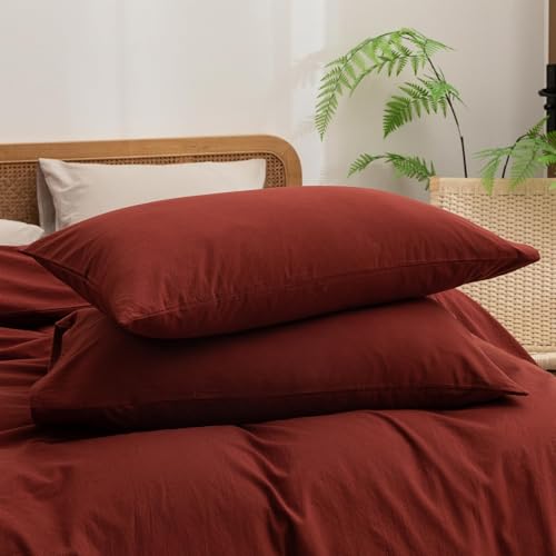 Image of BESTOUCH Cotton Solid Duvet Cover Set Fired Brick Red Alaska King | Washed Cotton, Linen Feel, Soft Wrinkle Texture, Hidden Zipper, 8 Ties, Breathable Lightweight Durable Comfy, 3Pcs No Insert
