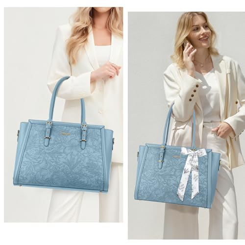 Image of MOSISO Laptop Bag for Women, PU Leather Tote Bag, Front Embossed Retro Hibiscus Computer Bags with Silk Scarf&Clutch Purse