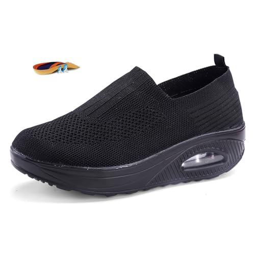 DEVILEYEZE Women's Orthopedic Mesh Air Cushion Walking Shoes Slip-on Platform Casual Wedge Rocker Sneakers Light Breathable Arch Support Diabetic Nursing Nurse (Black,9,Women,9)
