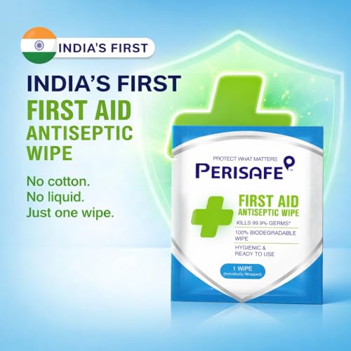 Image of PERISAFE First Aid Antiseptic Wipes | Individually wrapped | 3-in-1 on the go wipe | Kills 99.9% germs | 100% Biodegradable | Hygienic & ready to use | Cleans wounds & Prevents infection| 25 wipes Box
