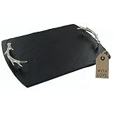 The Just Slate Company Handcrafted Slate Rounded Rectangle Serving Tray, Stainless Steel Antler-Shaped Handles, Medium