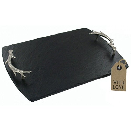 The Just Slate Company Medium Serving Tray with Antler Handles, Black