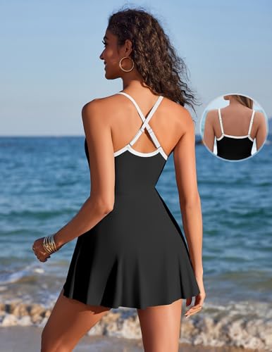 AI'MAGE Womens One Piece Swimsuits A Line Swim Dress Adjustable Straps Tummy Control Bathing Suit with Pockets2