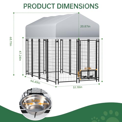 8x4x5 FT Outside Large Dog Kennel with roof,Heavy Duty Dog Enclosure with Waterproof, 2 Rotating Dogs Bowls, Outdoor Dogs Cage Run with Secure Lock (96 x 48 x 60 in)