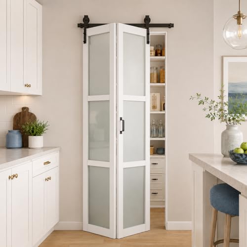 White 3 Lite Frosted Glass Bifold Barn Door, 36"×84" | Paintable Frosted Glass Bifold Sliding Barn Door with Hardware Kit Included, Water-Resistant Primed White Finish, pantry miniatura 1
