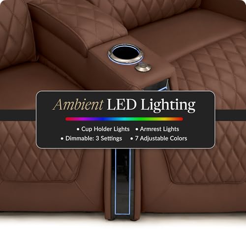 Image of Seatcraft Apex Tobacco Italian Leather Home Theater Seating, Zero Gravity Power Recliner Chair, Powered Headrest and Lumbar Gaming and Lounge Sofa Furniture for Cinema Room, Row of 2 Loveseats