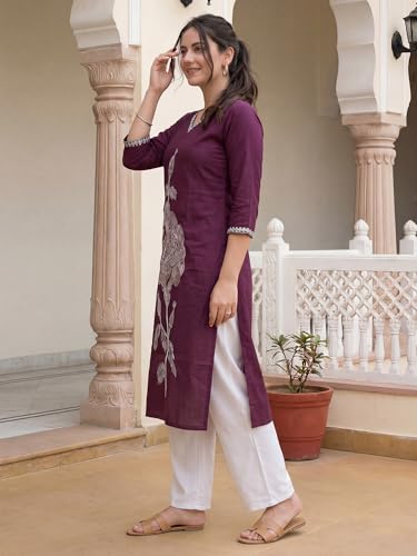 Image of INDO ERA Women Viscose Rayon Straight Fit Straight Floral Embroidered Kurtas