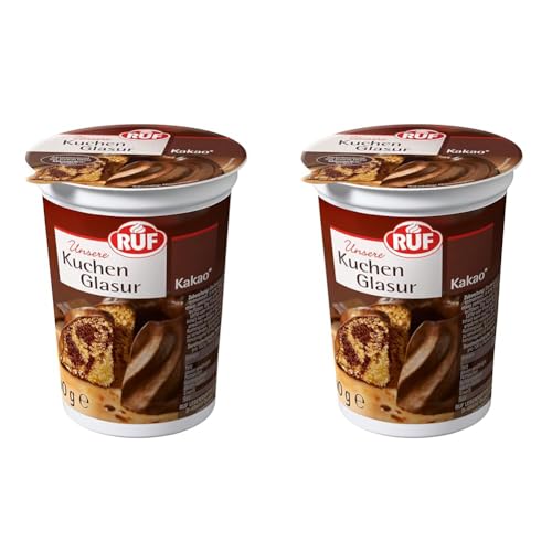 RUF Kuchen-Glasur Kakao im Becher, mikrowellengeeignet, zum Glasieren & Dekorieren von Kuchen, Torten, Muffins & Gebäck, glutenfrei, 1 x 500g (Packung mit 2)