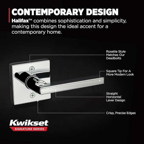 Image of Kwikset Halifax Dummy Door Handle, Single Sided Lever for Closets, French Double Doors, and Pantry, Polished Chrome Non-Turning Reversible Interior Push /Pull Lever, Square Rose