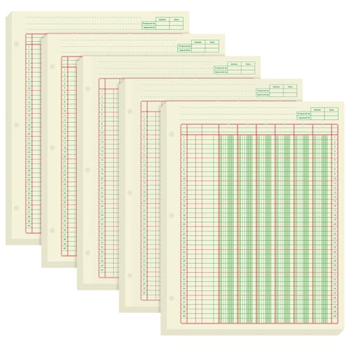 Fulmoon 5 Pack 250 Sheets Ledger Paper Accounting Columnar Pads 3 Hole Analysis Accounting Ledger Book for Business, 50 Sheets/Pack, Single Page Format, Green(8.5 x 11 Inch,6 Columnar)