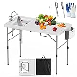 HLPB Fold in Half Folding Fish Cleaning Table with Sink, Foldable Protable Camping Sink Table with Drainage Hose & Fish Cleaning Kit, Fish Fillet Cutting Desk for Picnic Patio Backyard BBQ, White