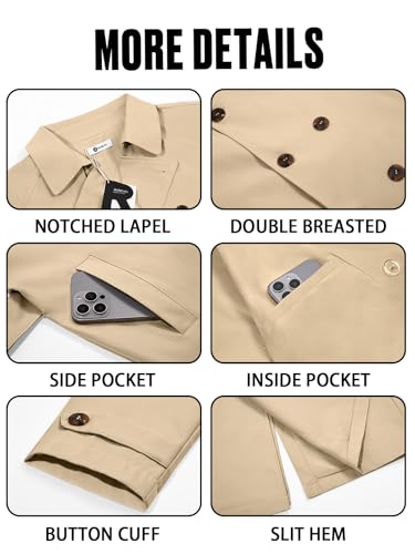 Image of Runcati Mens Trench Coat Double Breasted Notched Lapel Casual Belted Windbreaker Fall Classic Long Jacket Overcoat