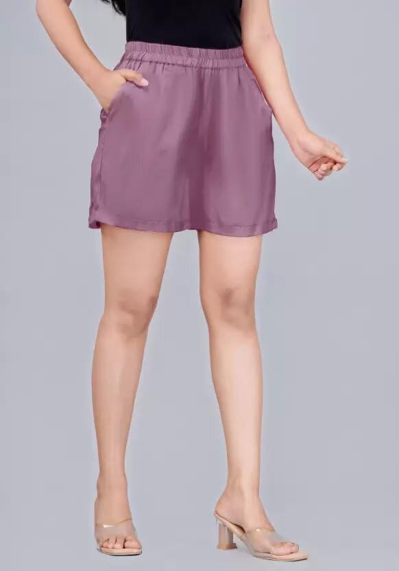 Image of Women's Cotton Regular Relaxed Fit Solid Print Design Thigh Length Casual Summer Running Yoga Gym Night Wear Shorts Elastic Waistband and Drawstring with Pocket