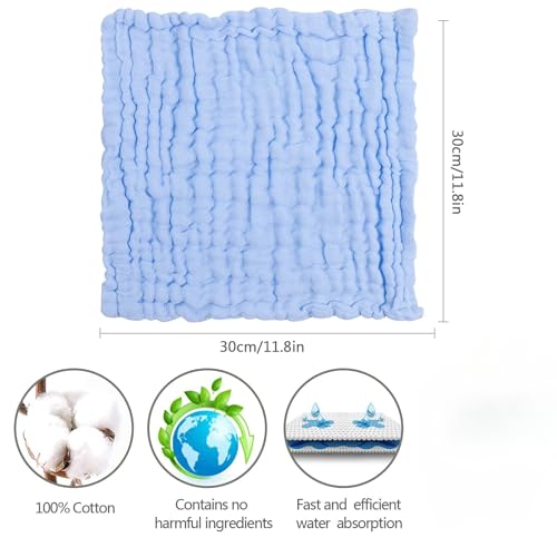 ABirdon Baby Muslin Cloths Squares,10 Pack 30x30CM Extra Soft Breathable Baby Washcloths, 6 Layers Organic Cotton, Unisex Reusable Baby Face Towels for Newborn