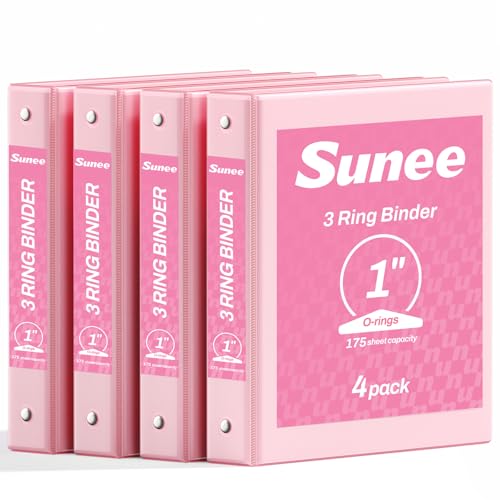 SUNEE 3 Ring Binder 1 Inch 4 Pack Clear View 1 Binders Three Ring PVC-Free (Fit 8.5x11 Inches) for School or Office Supplies Pink