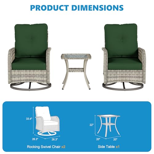 Image of 3-Piece Small Patio Furniture Set, Outdoor Swivel Rocking Chairs Set with Wicker Chairs and Tempered Glass Side Table, Outdoor Furniture Patio Bistro Set for Balcony, Deck, Porch