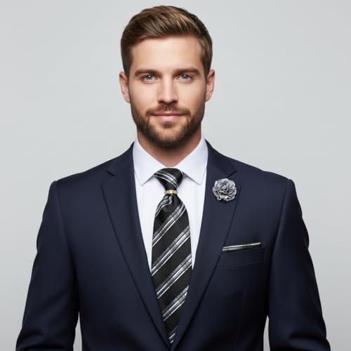 Image of 5PCS Mens Silk Tie, Pocket Square, Cufflinks, Drilled Tie Ring and Lapel Pin Set for Wedding Groom Party