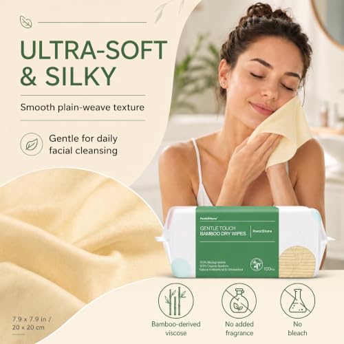 Image of PoeticEHome Face Towels Disposable, Ultra Soft Clean Dry Wipes | Hypoallergenic & Biodegradable Cleansing Tissue Cloth for Sensitive Skin, Unscented & Unbleached, 100 Count