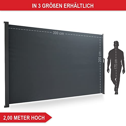 ONBEST Seitenmarkise ausziehbar in 3 Größen – 200x300 cm – 180x300 cm – 160x300 cm – Sichtschutz, Windschutz & Sonnenschutz für Terrasse, Balkon & Garten zum Ausziehen – Sichtschutz (200 x 300 cm)