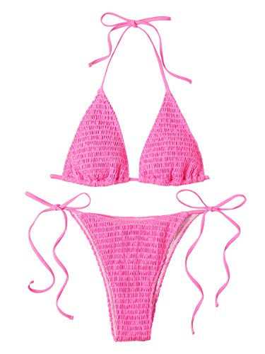 SweatyRocks Women's Halter Tie Side Triangle Bikini Set High Waist Fringe 2 Piece Swimsuit Bathing Suit