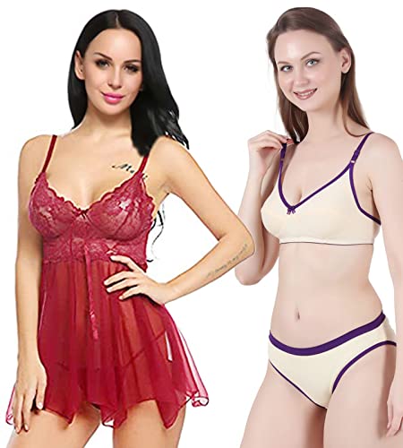 Image of Love Maker Babydoll Lingerie Bra Panty Set Undergarments for Women Honeymoon Nighties Small to 3XL
