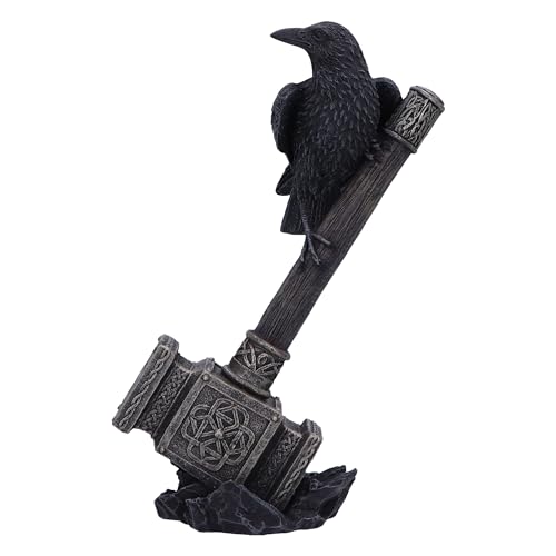 Nemesis Now Hammer of the Gods Figurine 23cm, Resin, Raven on Thor's Hammer Sculpture, Thor's Hammer Figurine