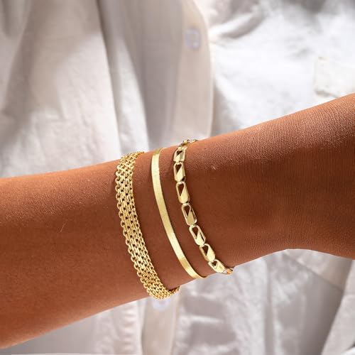 14K Gold Bracelets for Women Dainty Waterproof Jewelry Set Minimalist Stackable Herringbone Cuban Chain Fashion Charm Gold Bracelets Trendy Accessories for Gifts3