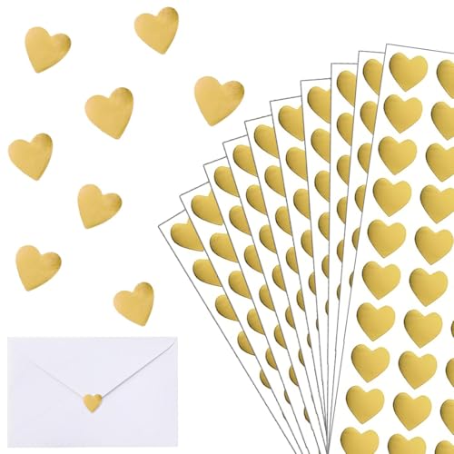 Autocollant Coeur, 600 Pcs, Autocollant en Forme de Coeur Sticker, Auto-adhésif Emballage Enveloppe Cadeau Carte Décoration pour Saint-Valentin Anniversaire Mariage Loisirs Créatifs (Or)