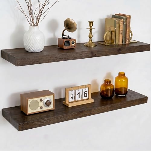 Image of Dreamland Rustic Elm Woood Floating Shelves for Wall Decor, 30 inch W x 8 inch D x 1.5 inch H Floating Shelves Set of 2, Wall Mounted Deep Wooden Shelf for Living Room, Bedroom, Kitchen, Bathroom, Walnut