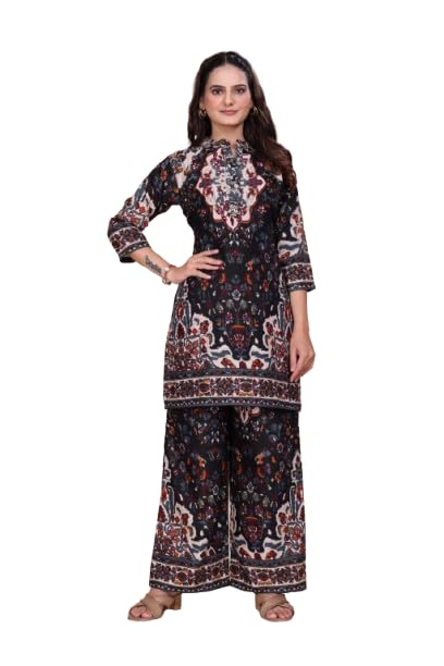 Women's Black Rayon Printed Kurta and Palazzo Set | Ethnic Straight Kurti Tunic with Wide Leg Pants | Comfortable 3/4 Sleeve (BAEUTY)-image-36