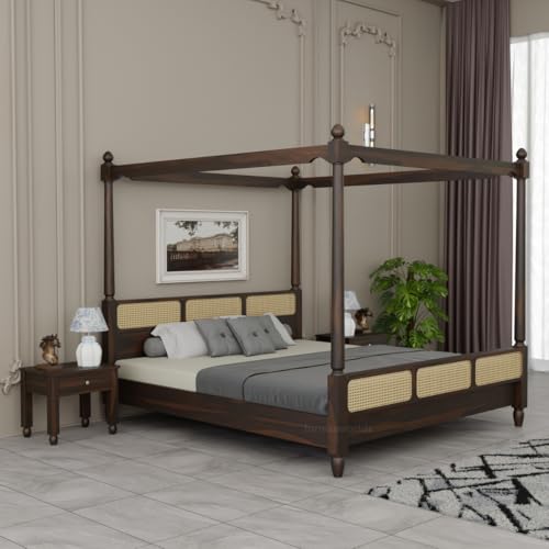 Image of King Size Four Poster Bed Sheesham Wood, Wooden Double Bed Cot, Solid Wood Bed Furniture for Bedroom (Rattan-Walnut-King) 1 Year Warrenty