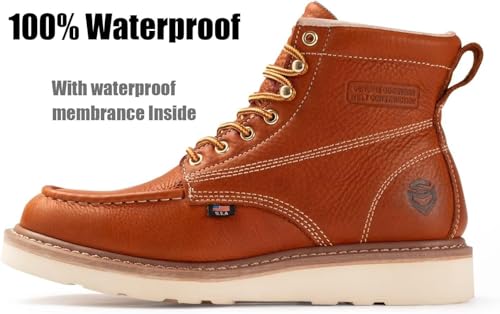 SUREWAY 6 in Mens Waterproof Steel Toe Work Boots for Men-Full Grain Leather,Goodyear,Non-Slip EH Safety Industial Construction Wedge Moc Toe Work Boots/Shoes,WP Steel Toe Light Brown,Size 92
