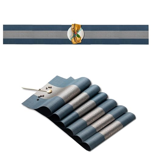 Image of Dining Table Placemats & Runner Set - Heat Resistant, Washable & Stain Resistant Woven Vinyl Mats | Table Runner & 6 Placemats Set for Stylish Dining (45x30 cm Placemats, 180x30 cm Runner)