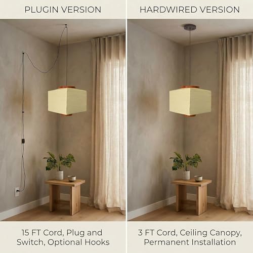 Image of Nogy Paper Lantern Lamp Japanese Style Pendant Light - Off White Rice Hanging Paper Lamp Shade with Cord (11.5 Hardwired Square (Ceiling))