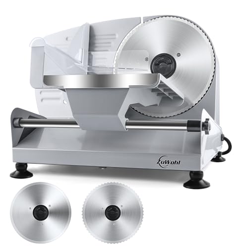 200Watt Elektrischer Allesschneider Edelstahl - Verstellbare Küchenmaschine 0 bis 15mm - 2 Klingen - Wurstschneidemaschine - Brotschneidemaschine, Schinkenschneider (200Watt+Silber+2Klingen)