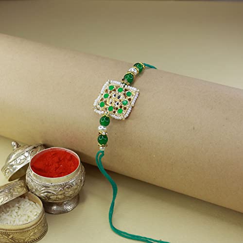 Image of I Jewels Mens Kundan & Pearl Combo Rakhi With Roli Chawal & Rakshabandhan Card For Brother /Bro /Bhai Set Of 3 Rakhi