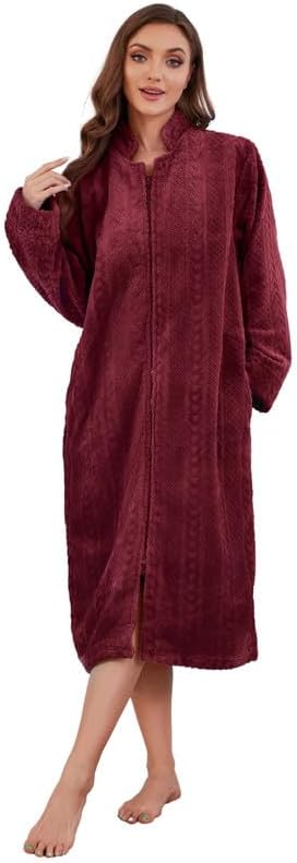 LYCY Women Plush Zipper Robe, Long Fleece House Coat Nightgown with Pockets Solid Bathrobe