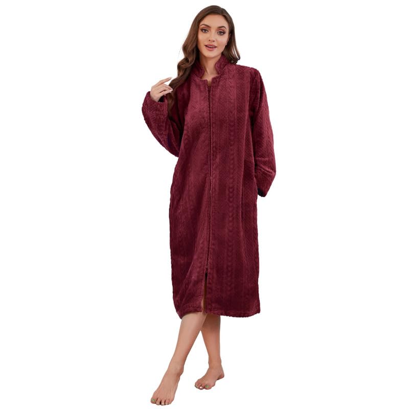 LYCY Damen Plüsch Reißverschluss Bademantel flauschig langer Fleece Morgenantel warm bequem Hausmantel mit Taschen (Burgunderrot, S/M)