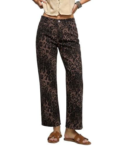 luvamia Wide Leg Jeans Woman Trendy High Waisted Leopard Cheetah Print High Waisted Pants for Women Ankle Length Stretchy Animal Print Outfits for Women Fall Jeans Brown Leopard Size Medium 8 to 10