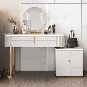 Vandana Interiors Modern 5-Drawer White Makeup Vanity Table Mirror & Side Cabinet Included