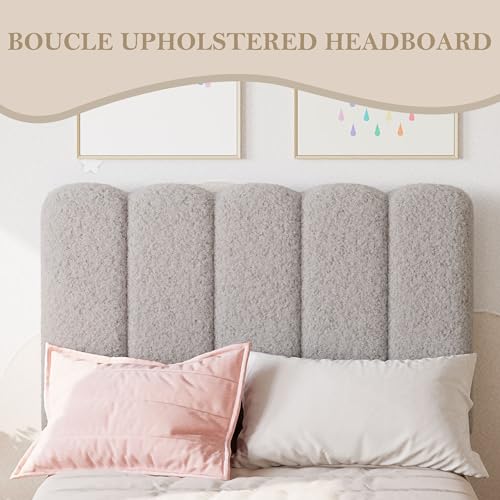 GarveeHome Twin Bed Frame, Boucle Upholstered Platform Bed with Wave Headboard for Girls/Boys/Kids, Easy Assembly, Wooden Slats Support, No Box Spring Needed, Grey