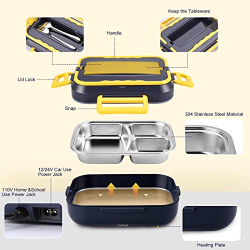 Blumway Electric Lunch Box, 3 In 1 For 12V 24V 110V Portable Heating Lunch Box Leak-Proof Food Heater Warmer For Office Car School With 304 Stainless Steel Container 1.5L, Fork & Spoon And Carry Bag #TOP3