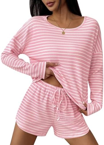 Ekouaer Waffle Lounge Sets Long Sleeve Shorts Striped Pajamas Set Matching Waffles Knit 2 Piece Outfits Sets for Women