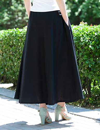Women Cotton/Linen Skirt Summer Quality Elastic Waist Long Maxi Retro Vogue Casual Bottom with Pockets3